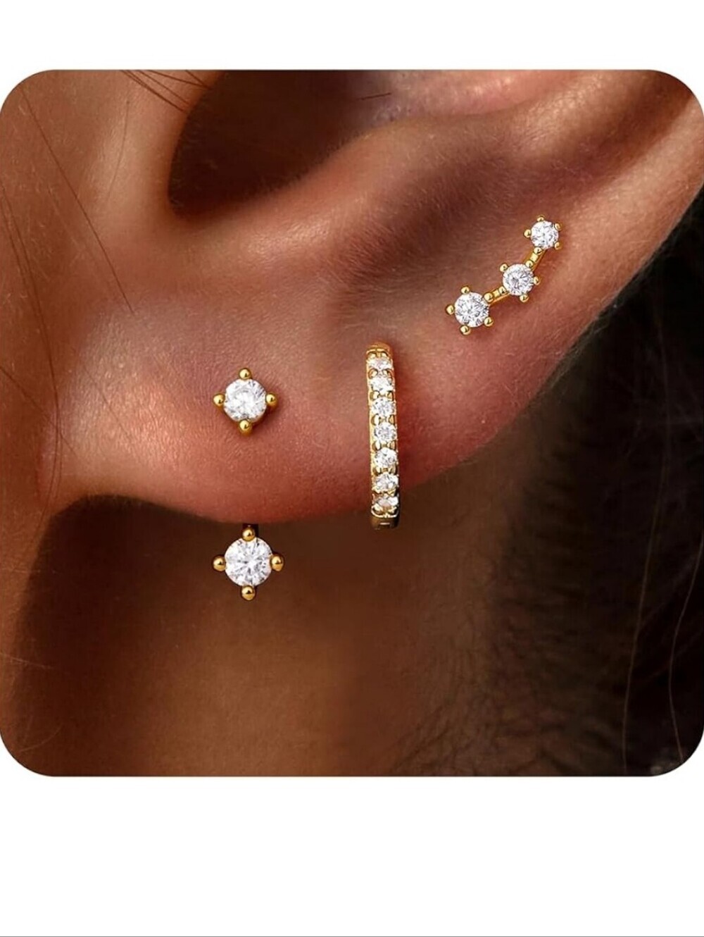 Gold Cubic Zirconia Huggie Hoop and Stud Earring Set - Gold